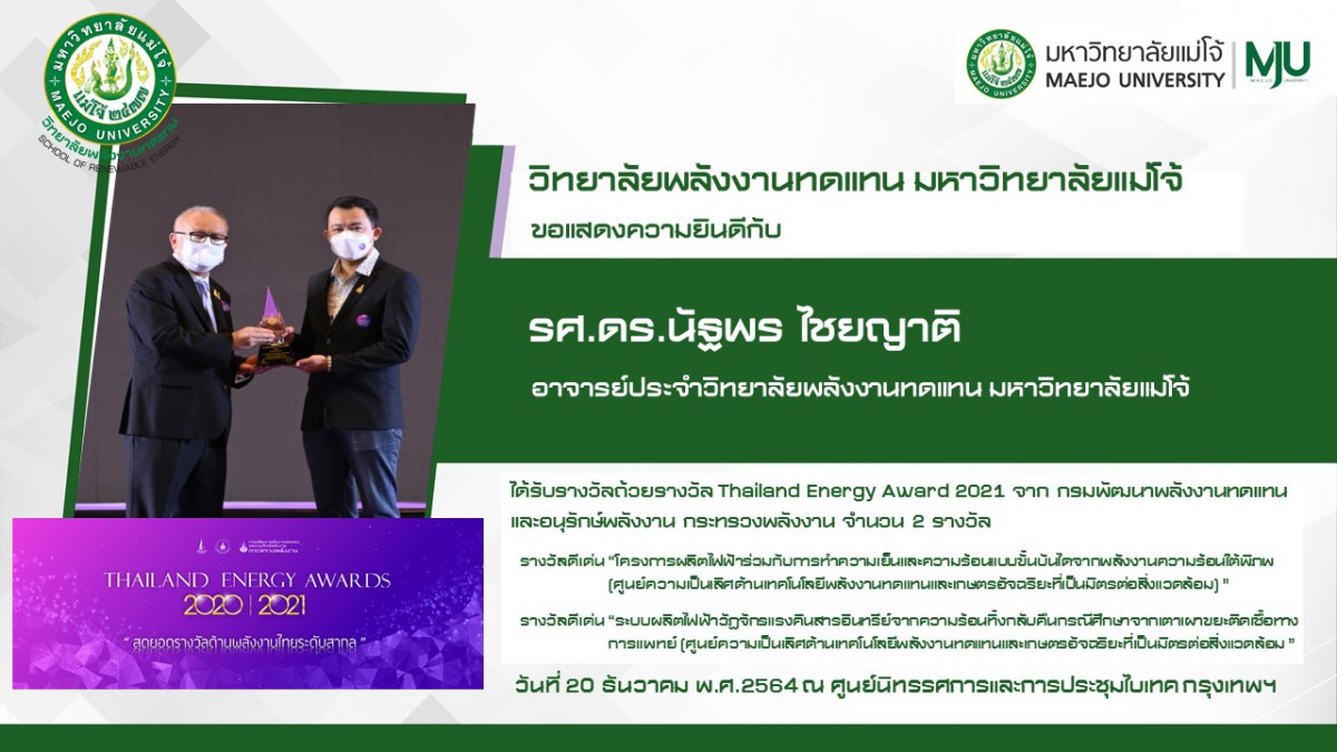 ขอแสดงความยินดีกับ รศ.ดร.นัฐพร ไชยญาติ ที่ได้รับรางวัลดีเด่นการประกวด รางวัล Thailand Energy Awards 2021